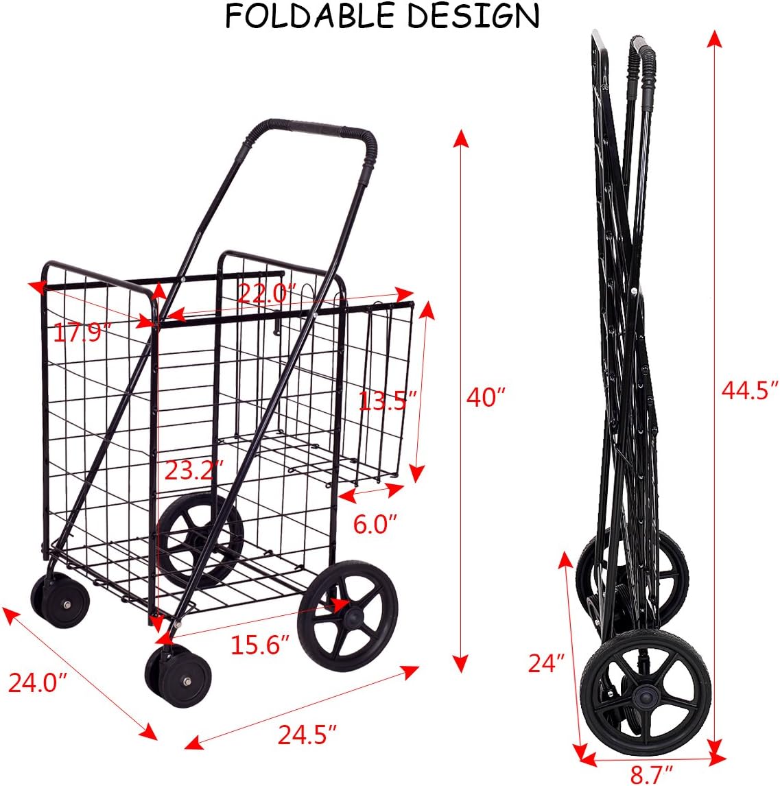 Goplus Folding Shopping Cart Jumbo Double Basket Perfect for Grocery Laundry Book Luggage Travel with Swivel Wheels Utility Cart (Black) : Office Products
