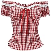 WDIRARA Women's Gingham Plaid Off Shoulder Peplum Top Ruffle Trim Crop Tops