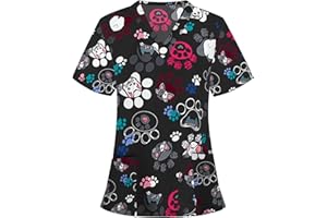 ODEUIAOD Womens Scrub Tops Fashion Printed Work Uniform T-Shirt V Neck Short Sleeve Nurse Tops Tunic Blouse with Pocket