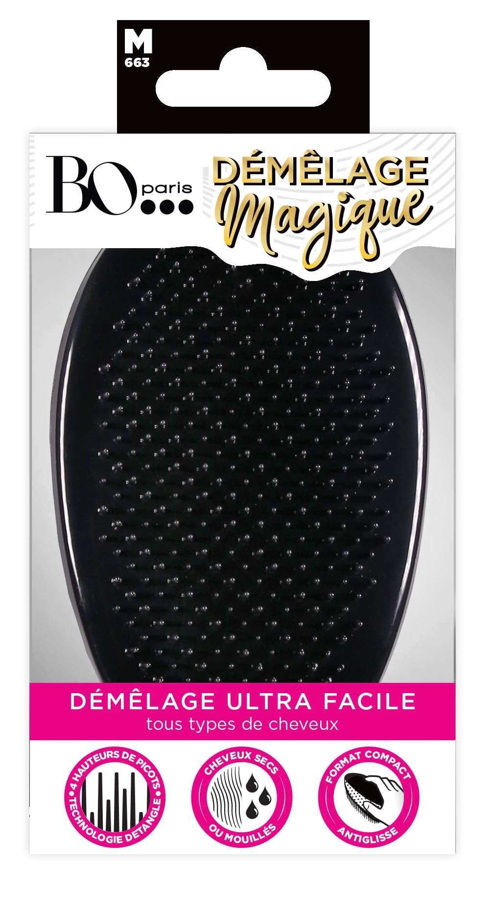 Bo...Paris - Magic detangling brush with non-slip black - For easy detangling - For thick or curly hair - 4 heights of bristles - On wet or dry hair
