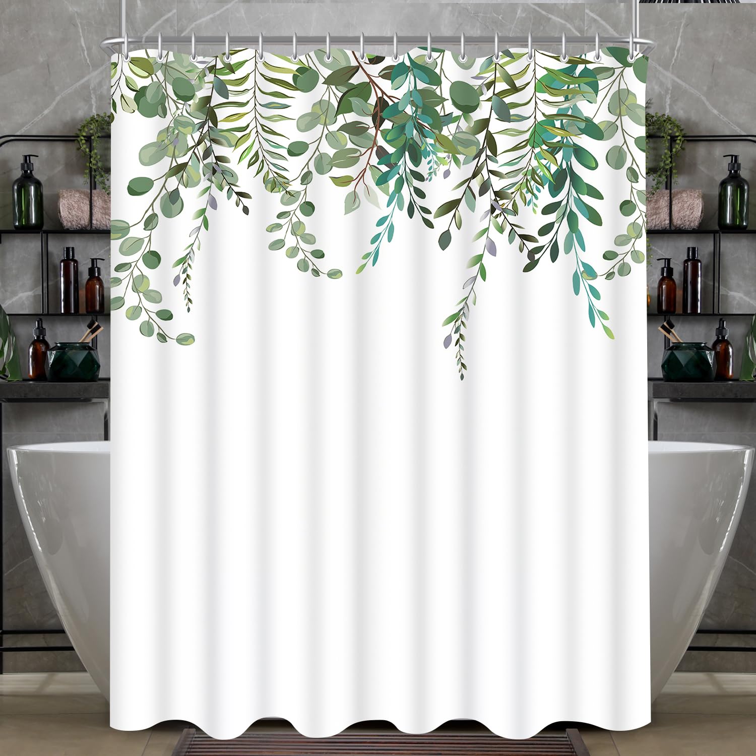 Lerores Shower Curtain 240 x 200 cm - Green Leaf Pattern - Weighted Hem - Anti-Mould Textile - Waterproof - Washable - Polyester - With 16 Eyelets and Shower Curtain Rings - For