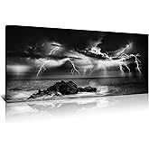 Derkymo Lightning Strikes in The Clouds Print on Canvas Black and White Landscape Framed Wall Art Ocean Coastal Night View Picture Print for Home Office Decoration Wall Decor 20"x48"