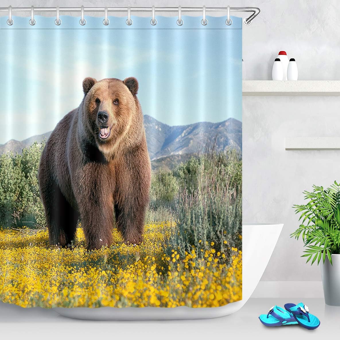 LB Animal Decor Bear Shower Curtain Creative Design Brown