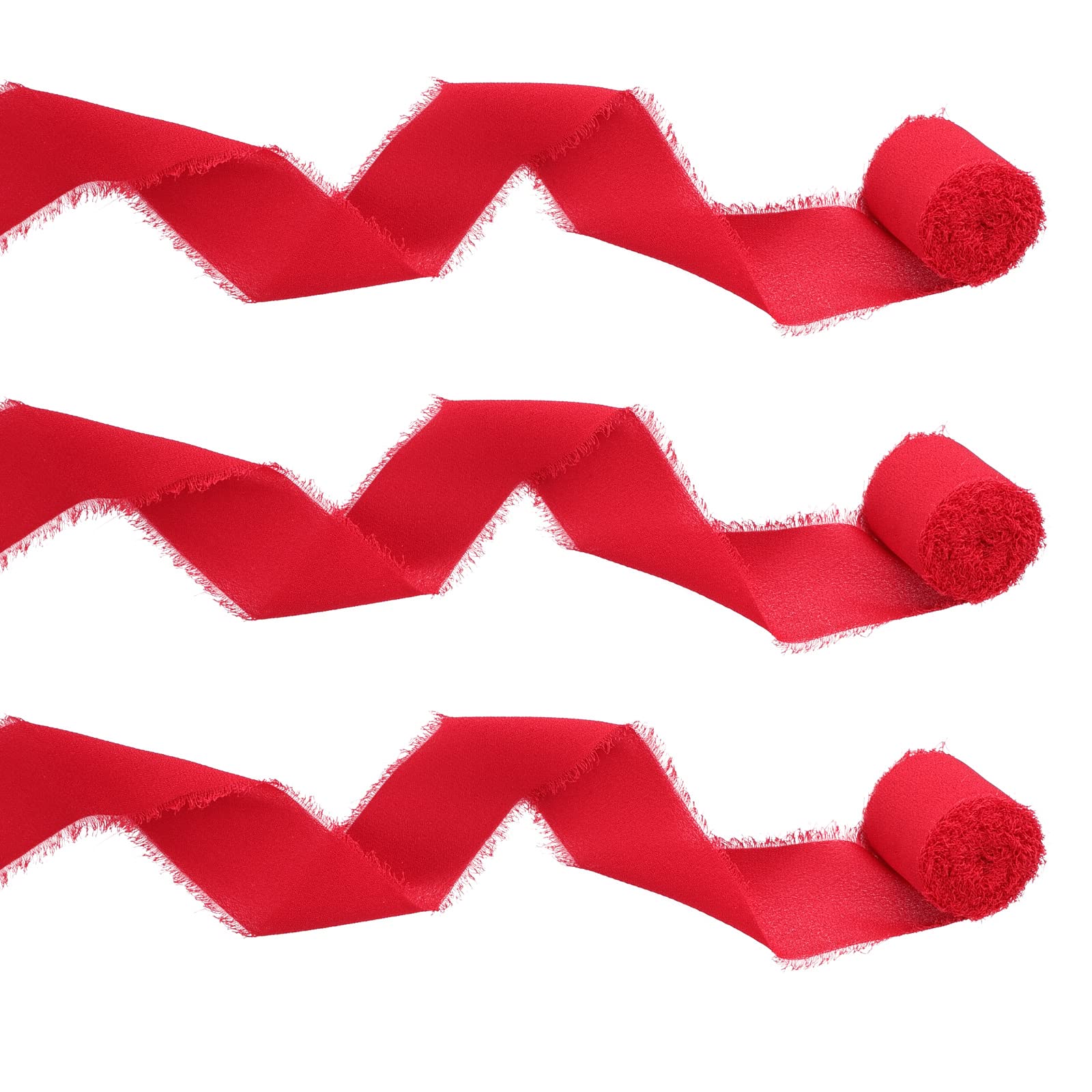 3 Rolls Chiffon Silk Ribbon, 1.5" x 5.5yd Handmade Fringe Soft Ribbon for Wedding Bridal Bouquets, DIY Crafts, Photography, Halloween, Thanksgiving, Christmas Day (Red)
