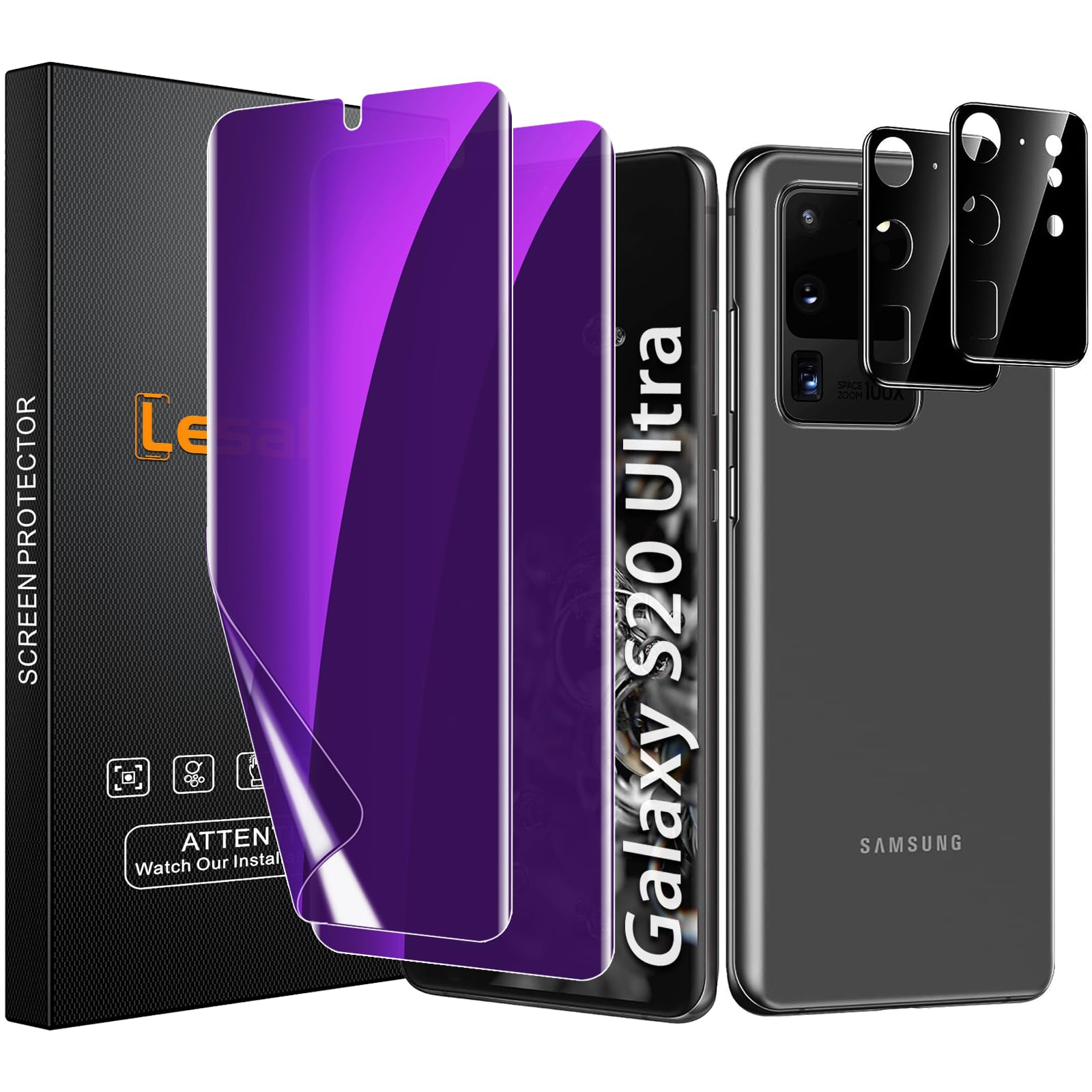 Photo 1 of [2+2 Pack] Lesakit Anti-Blue Light Privacy Screen Protector for Samsung Galaxy S20 Ultra 6.9 inch with 2 Pack Camera Lens Protector, [Support Fingerprint ID] Anti Spy TPU Flexible Screen Protector-