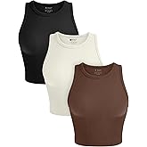 OLCHEE Womens 3 Pack Crop Tank Tops Basic Seamless Ribbed Round High Neck Racerback Workout Top Summer Causal Yoga Gym Shirts