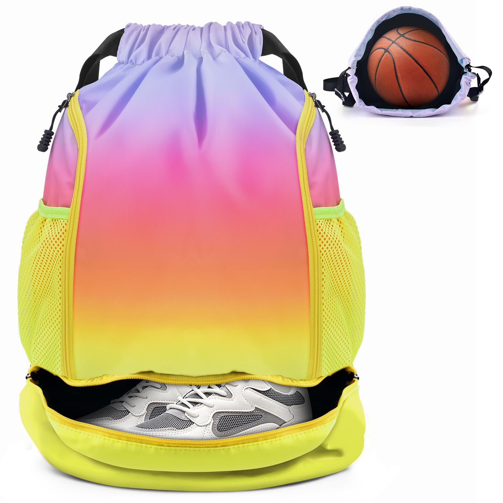 BROTOU Unisex Drawstring Backpack, Waterproof Gym Bag, Large Oxford PE Pack, Students School Backpack, Durable Sports Ball Bag, with Shoe Bag (A, Rainbow)
