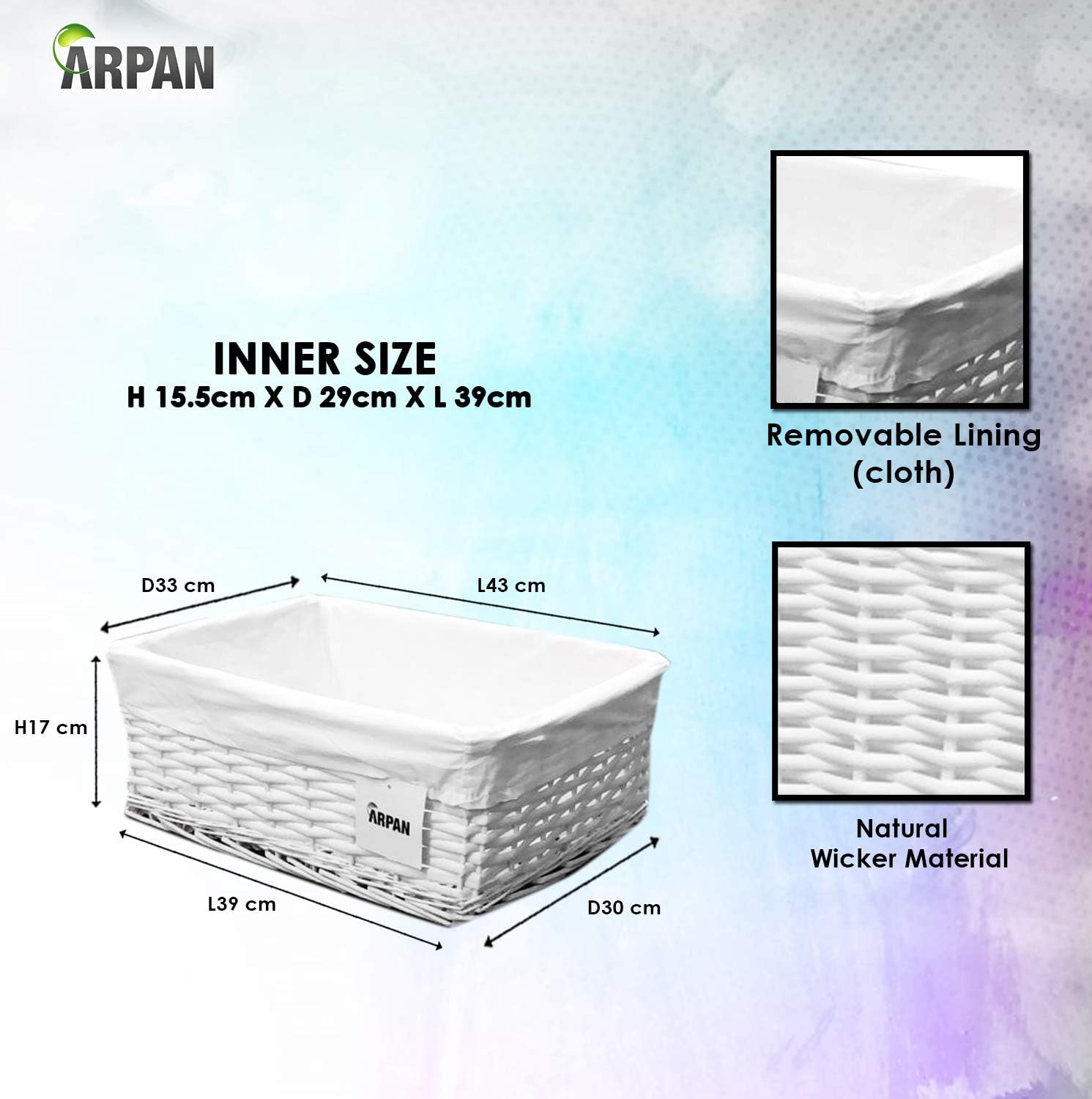 Arpan White Wicker Storage & Hamper Basket with White Cloth Lining, Small Baskets for Xmas Wedding, Confetti & Parties - Image 3