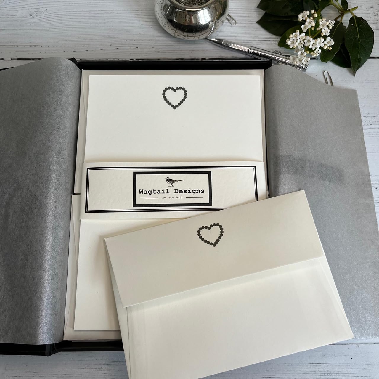 Writing Paper Gift Set with Heart Design from Wagtail Designs in a Lovely Black Box with Ribbon (18 Sheets and 18 envelopes)