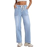 Metietila Pull-on Jeans for Women Straight Leg Elastic Waist Jeans Stretchy Loose High Waisted Denim Pants with Drawstring