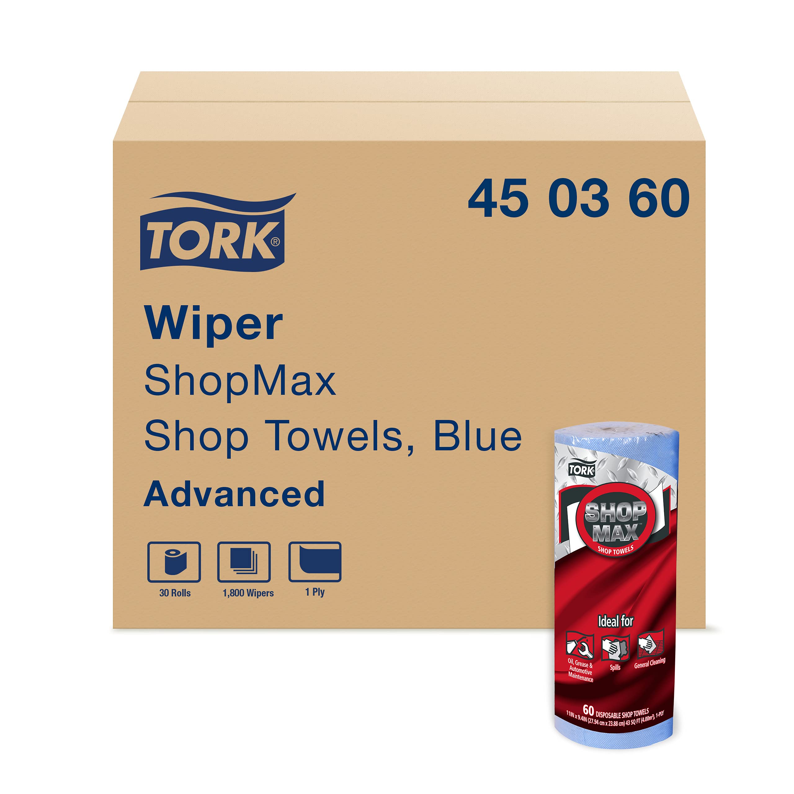 tork shopmax heavy duty paper shop towel blue, high absorbency, 30 rolls x 60 sheets, 450360