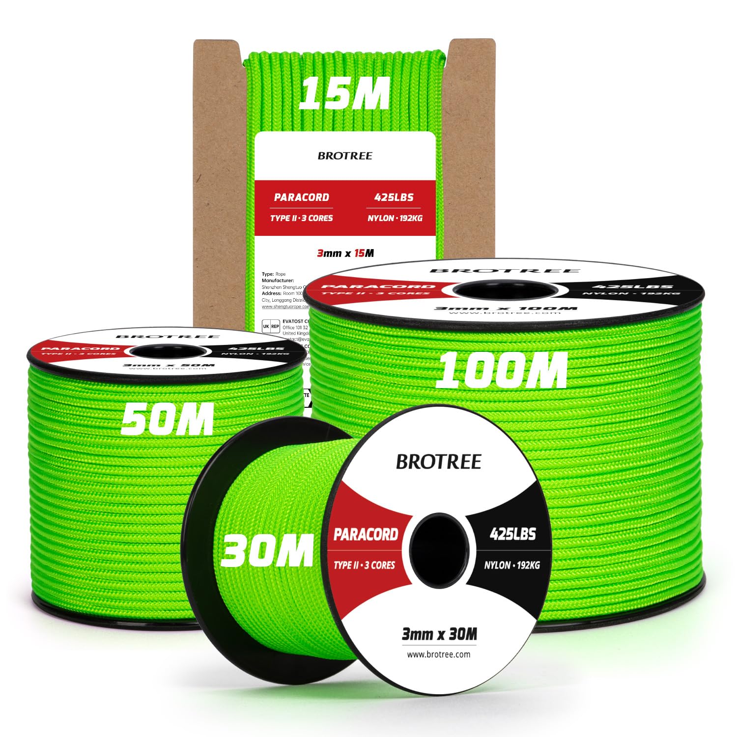 Brotree 3mm Paracord 425 100% Nylon 100M Rope 3 Strands Type II Parachute Cord for Outdoor, Craft, DIY - 192kg Breaking Load (Neon Green)