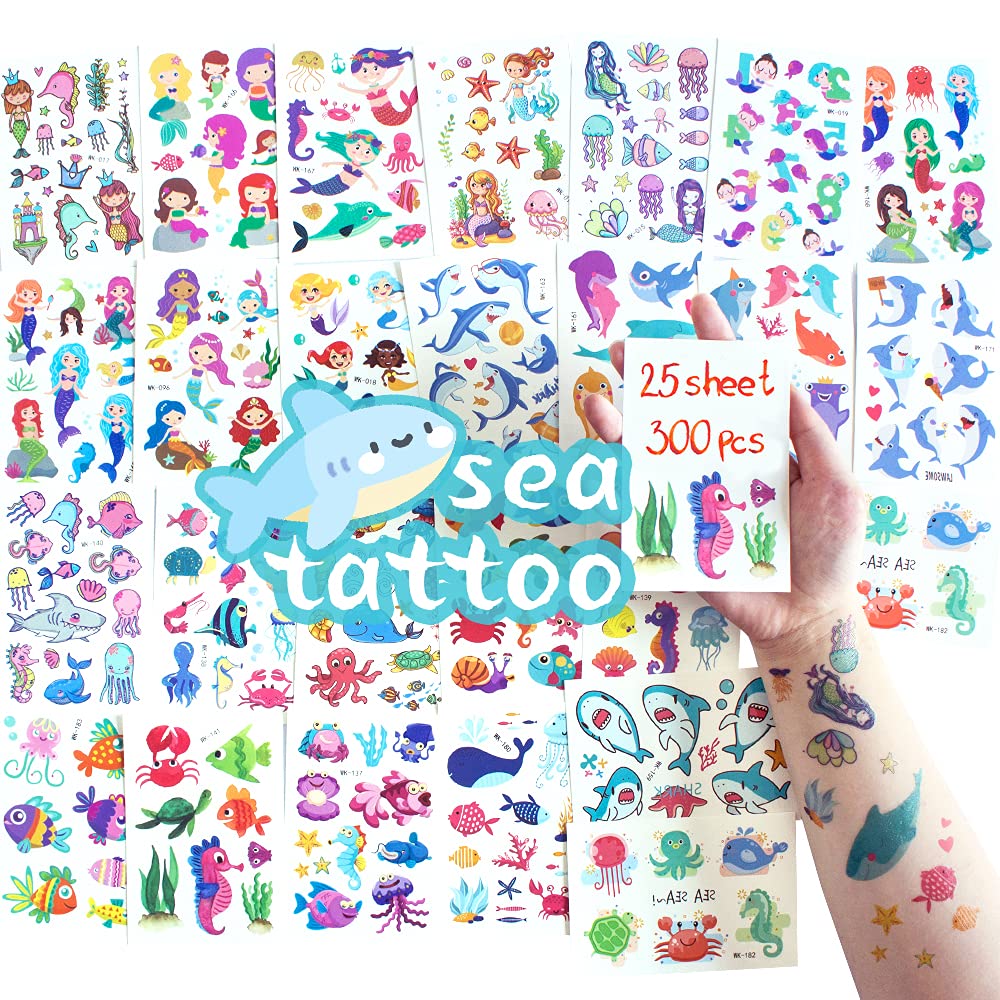 SNAIL GARDEN 300 Pcs Sea Temporary Tattoos,Fake Waterproof Tattoo Sticker for Boys Girls Party Favors Birthday Party Supplies Gifts Party Bags Filler