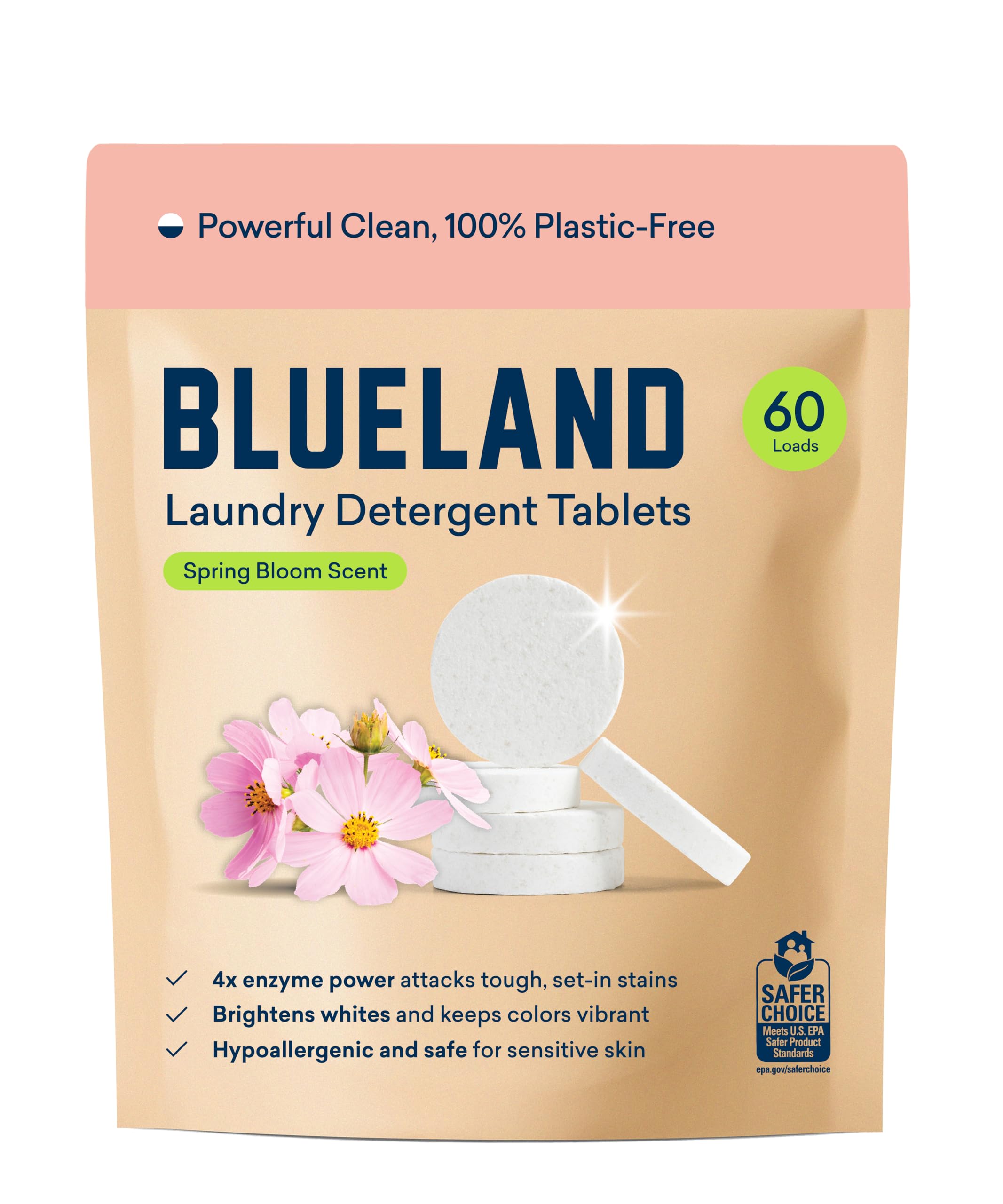 Photo 1 of BLUELAND Laundry Detergent Tablets, 60 Count, Spring Bloom Scent, Plastic-Free Eco-Friendly Pods, Sheets, Liquid Alternative - Safe for Sensitive Skin, Gentle