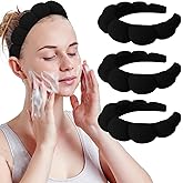 WHAVEL 3 Pack Spa Headband Skincare Headbands, Makeup Headband Sponge Terry Cloth Headbands Face Wash Headband Puffy Hair Band for Washing Face Women Girls (Black)
