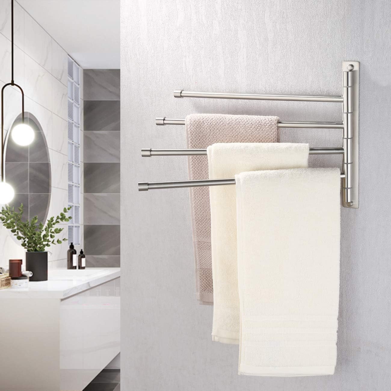 KES Swivel Towel Bar SUS 304 Stainless Steel 4-Arm Bathroom Swing Hanger Towel Rack Holder Storage Organizer Space Saving Wall Mount Brushed Finish, A2102S4-2 - - 