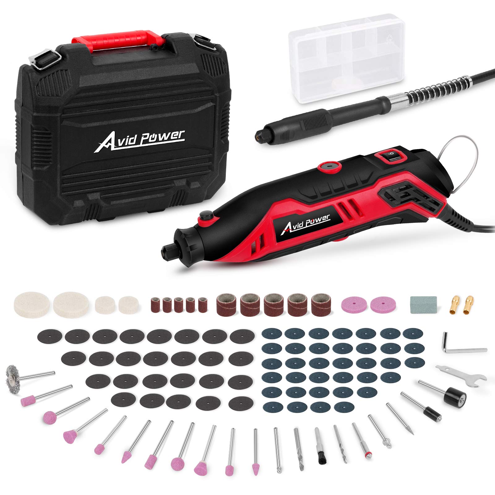 AVID POWER Electric Chainsaw Sharpener, 1.0 Amp Electric Tool, 6 Variable Speeds, 107 Pieces Tool Accessories & Carrying Case for Grinding, Cutting, Carving and Sanding - Red