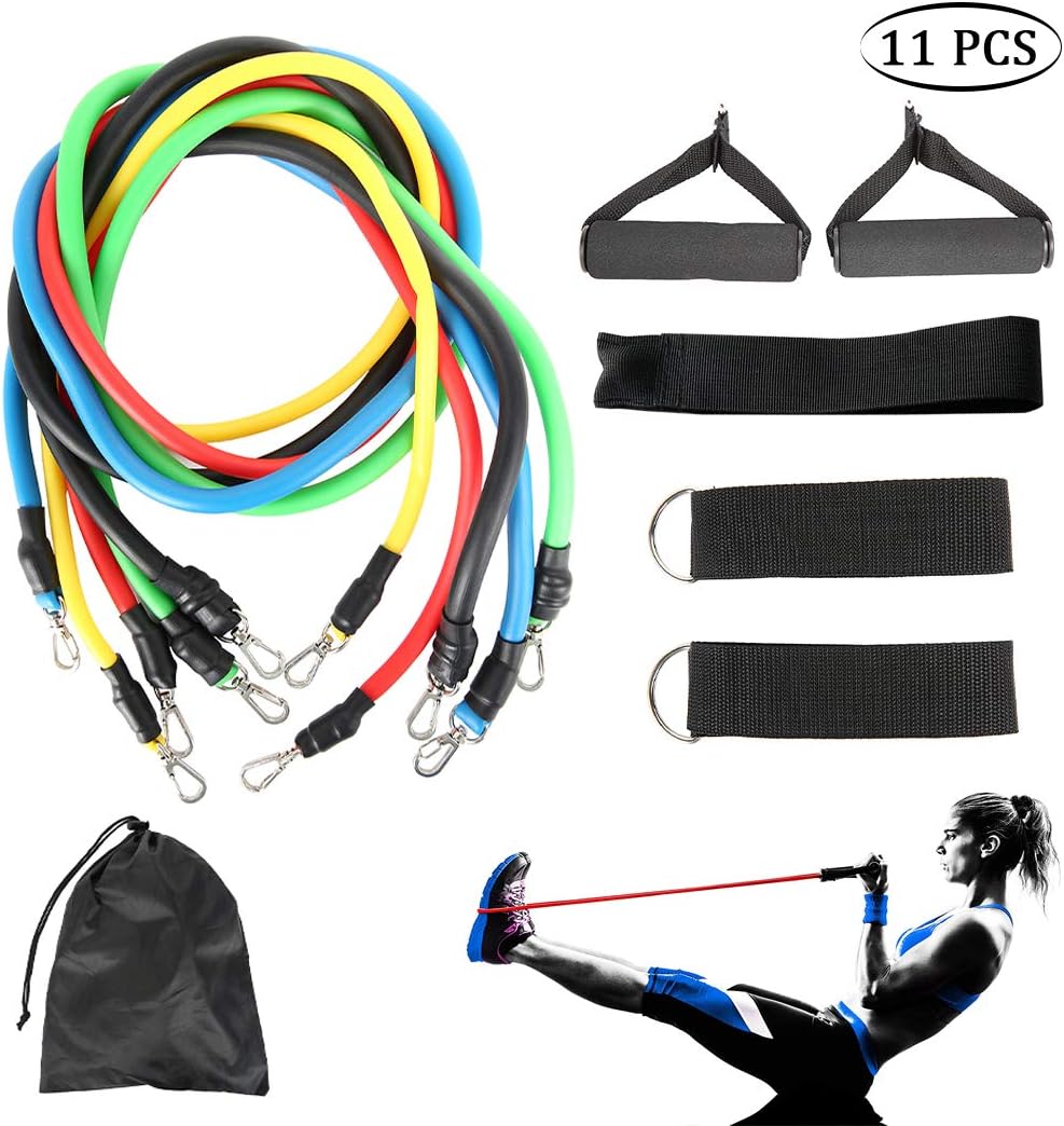 Hodeacc 11 Piece Workout Fitness Set,Resistance Band Exercise Bands,5 Tubes,2 Hand Grips,Door Anchor,Ankle Straps,Carrying Pouch,Resistance Training,Physical Therapy,Yoga