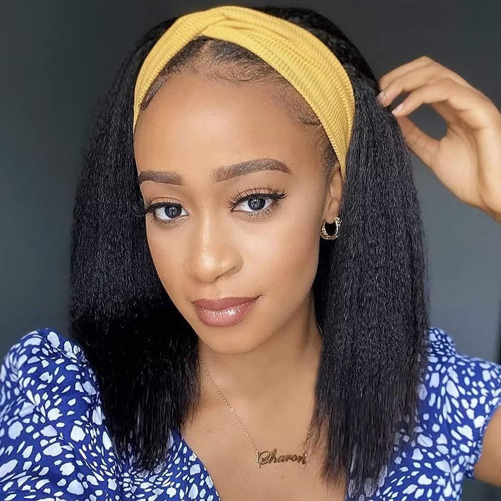 Headband Wig Human Hair Wigs for Black Women Kinky Straight Wigs Human Hair Yaki Straight Glueless Wig with Band Brazilian Virgin Wear and Go Yaki Half Wig No Lace Front Wig 14 inch