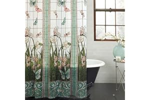 EZON-CH Waterproof Shower Curtain Stained Glass Meadow Flower Dragonfly Print Polyester Fabric Bath Curtain Home Hotel Apartment Bathroom Shower Curtain Long 72x84IN