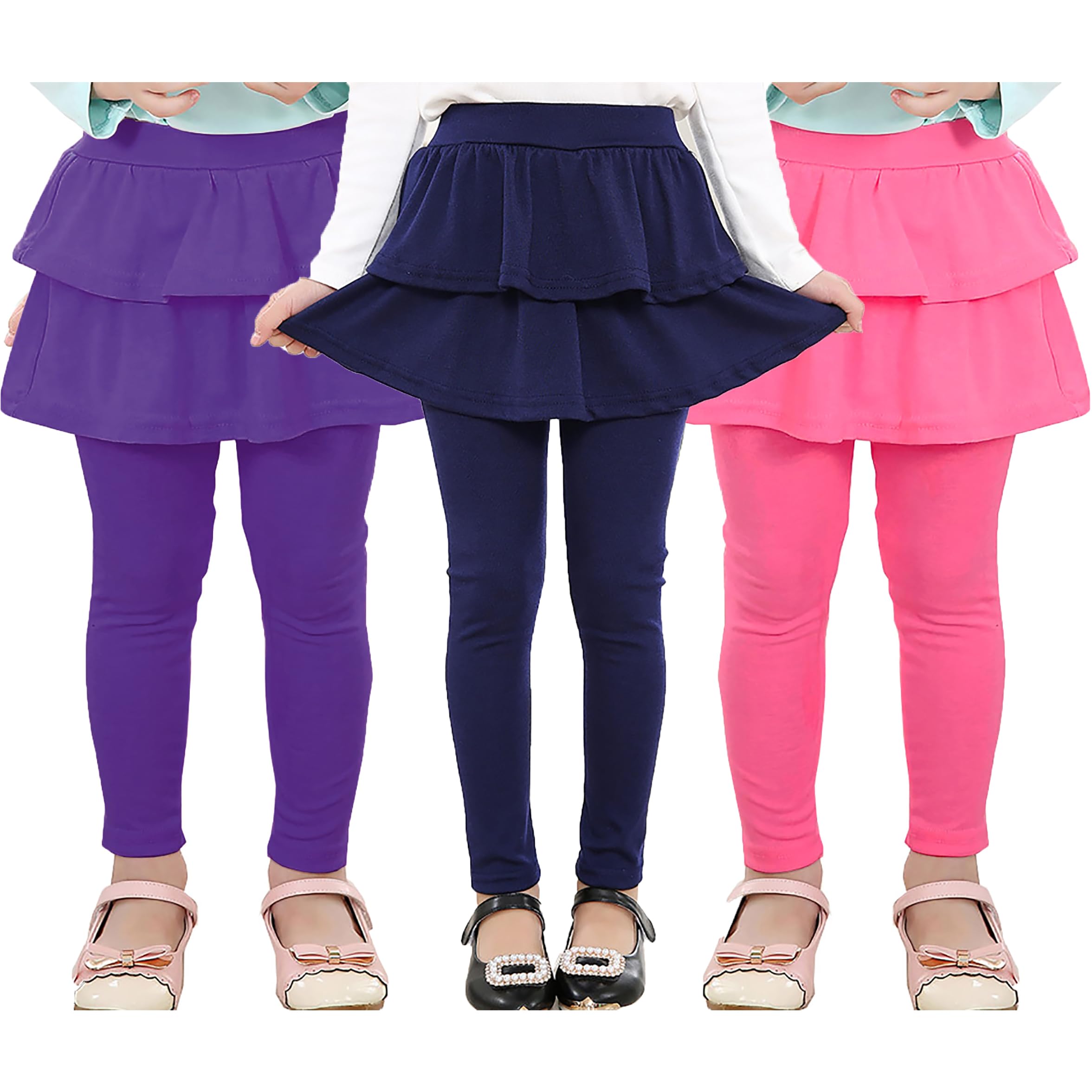RieKet Girls School Uniform Pants Warm Stretchy Athletic Leggings with Skirt 2-14 Years Navy Blue Purple Rose 3 Pack 9-10 Years Image