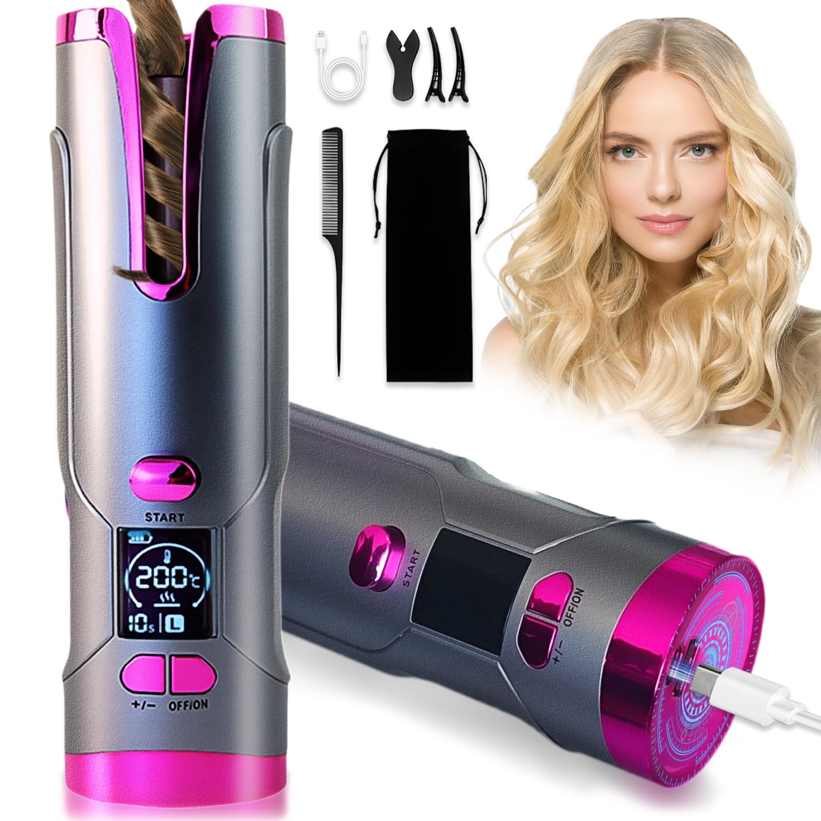 Photo 1 of Automatic Curling Iron 3/4 inch Barrel, Cordless Automatic Curling Iron 5200mAh USB Rechargeable, Auto Hair Curler for Long Hair, Ceramic Travel Curling Wand, Auto Shut-Off & Anti-Tangle Design