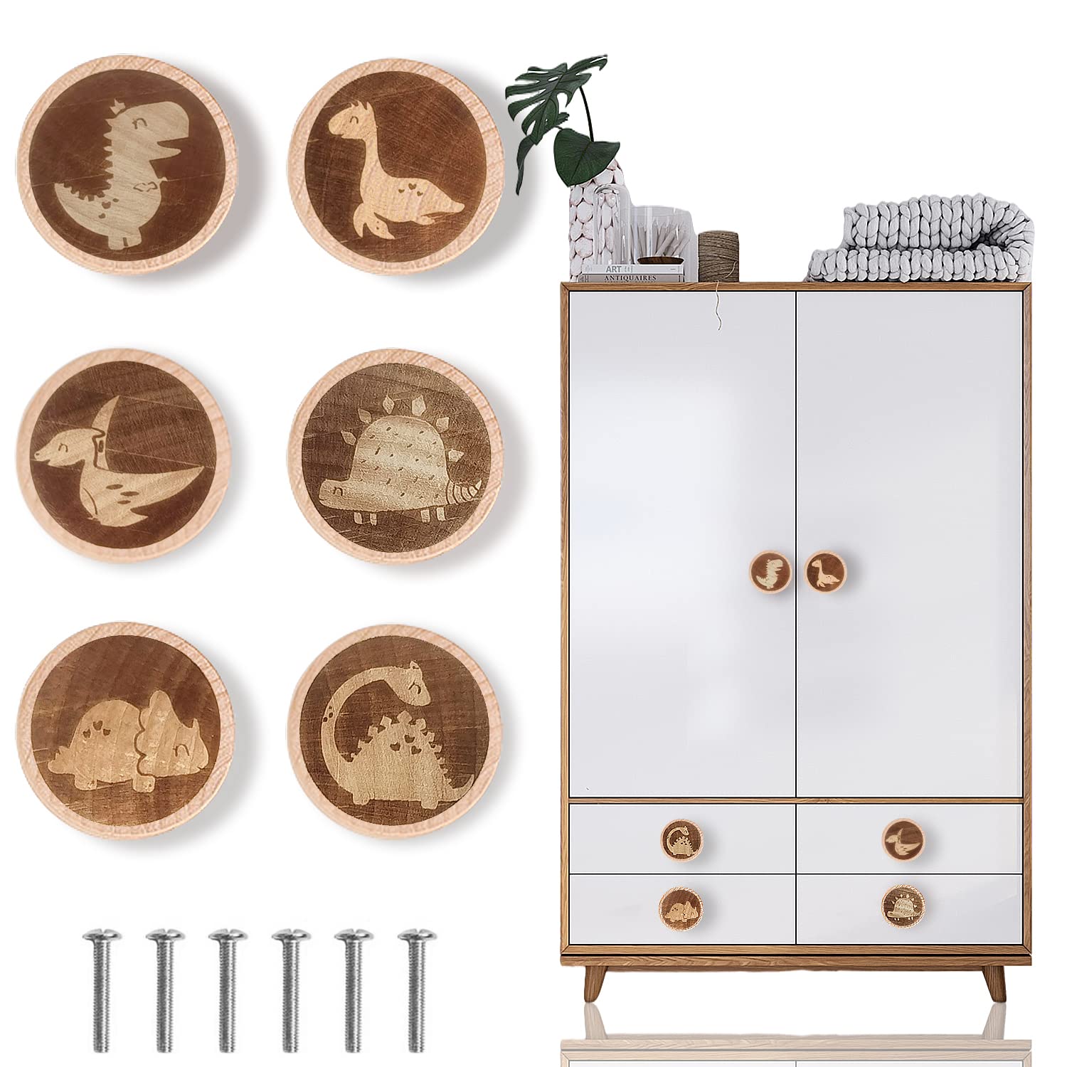 Powerful 6-Pack Dinosaur Handles,Wooden Animal Drawer Knobs - Perfect for Kids Dresser Knobs, Nursery Room Decor, Unique Cartoon Wood Cabinet Handles - 40MM/1.57" with 6 Pcs Screws