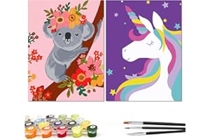 Nariolar Paint by Numbers for Kids Ages 8-12 with 7X9.5 inch Pre-Printed Cardboard, 2 Sets of Acrylic Paint Pots and 3 Painting Brushes, Room Decor for Children,(Unicorn and Koala)