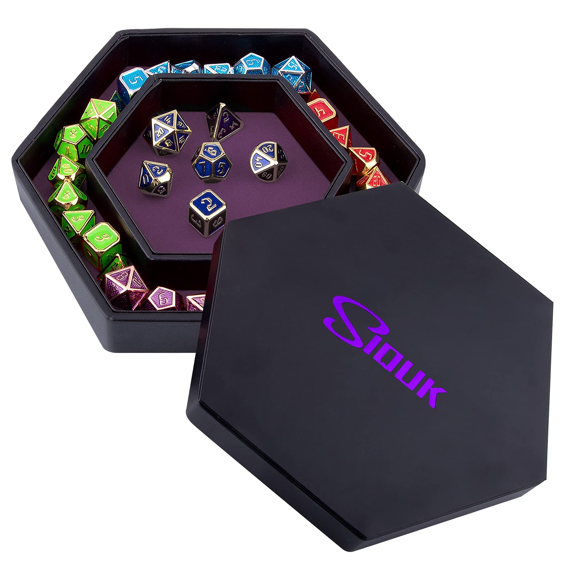 SIQUK Dice Tray with Lid Hexagon Dice Holder Dice Rolling Tray for DND RPG Dice Games and Other Table Games, Purple