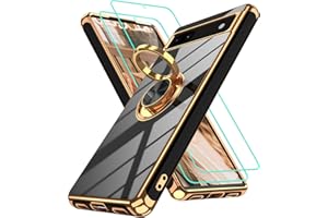 Gritup for Google Pixel 6A Case with 2Pcs Screen Protector | 360° Rotation Ring Holder Magnetic Kickstand | Plating Gold Edge Soft TPU Protective Basic Funda para Cover for Pixel 6A Phone Black