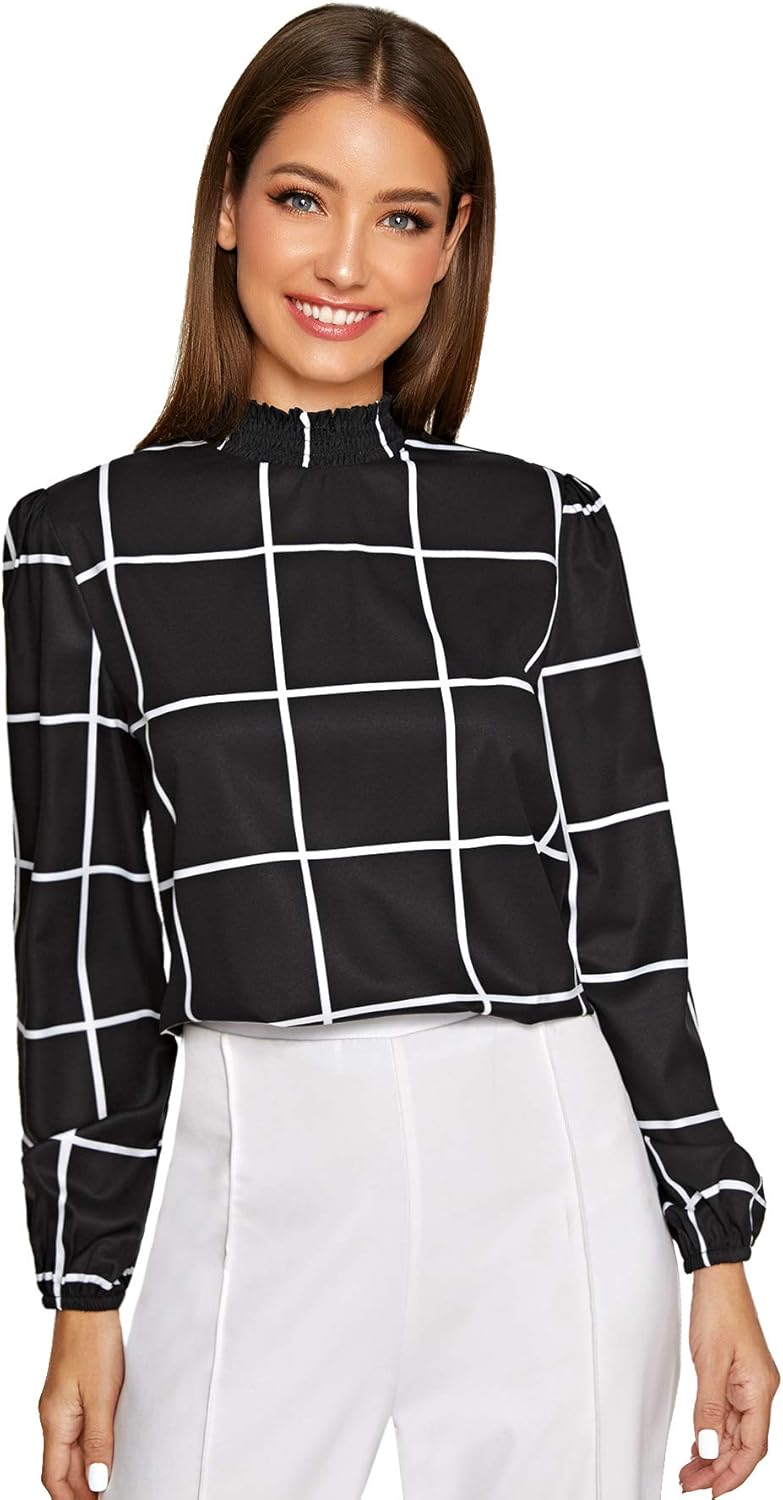 Floerns Women's Floral Print High Neck Puff Long Sleeve Chiffon Blouse