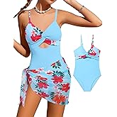 Girls'Swimwear One Piece Kids Swimsuits for Girls Tropical Twist Cross Bathing Suits with Cover Up Skirt