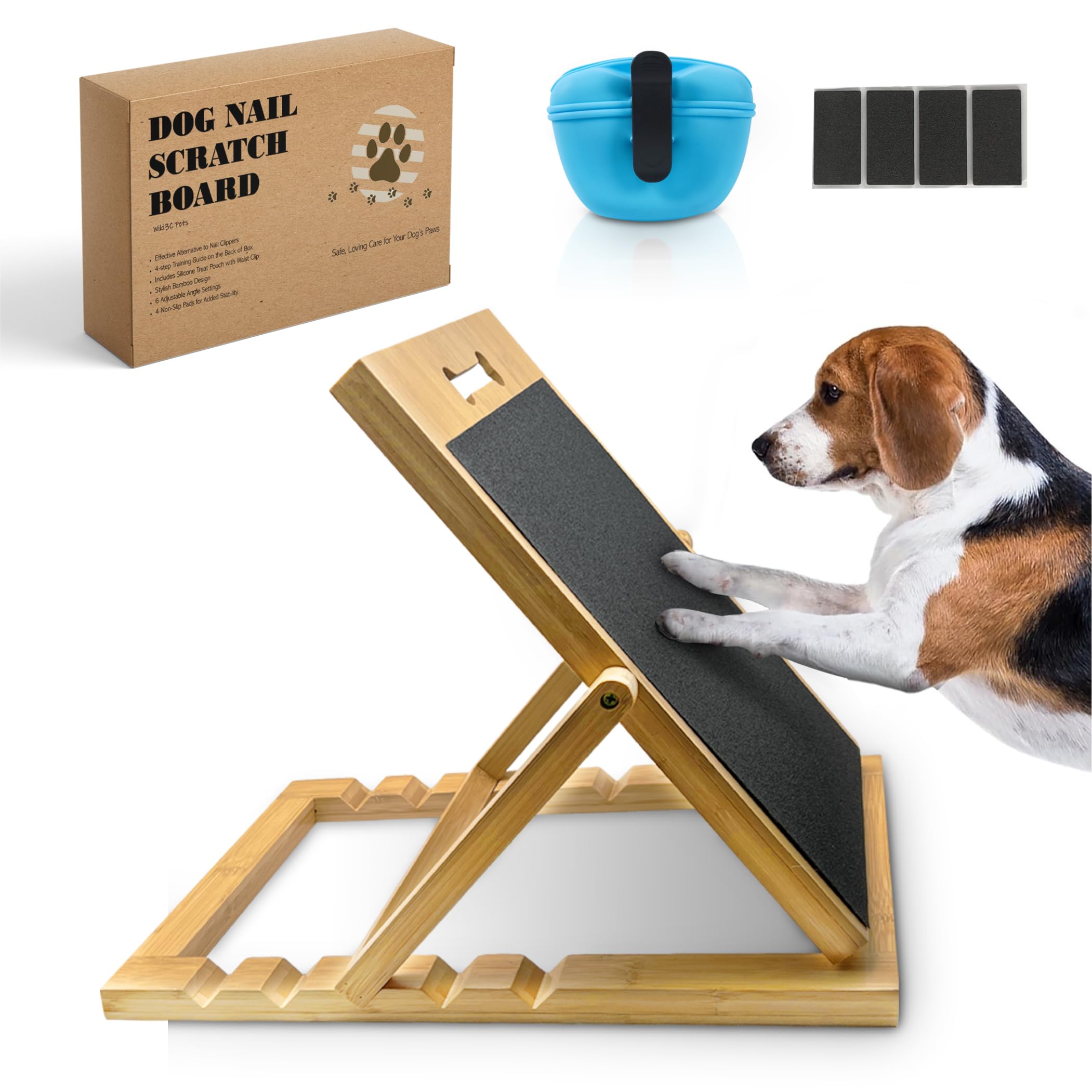 Photo 1 of Solid Bamboo Dog Nail Scratch Board – 5 Adjustable Angles for Trimming & Filing – Includes Clip-On Silicone Treat Pouch for Training