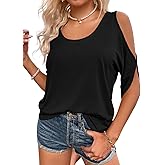 Aoysky Women Cold Shoulder Tops Summer Short Sleeve Shirt Scoop Neck Tee Casual Loose Fitting Solid Color Tunic Top