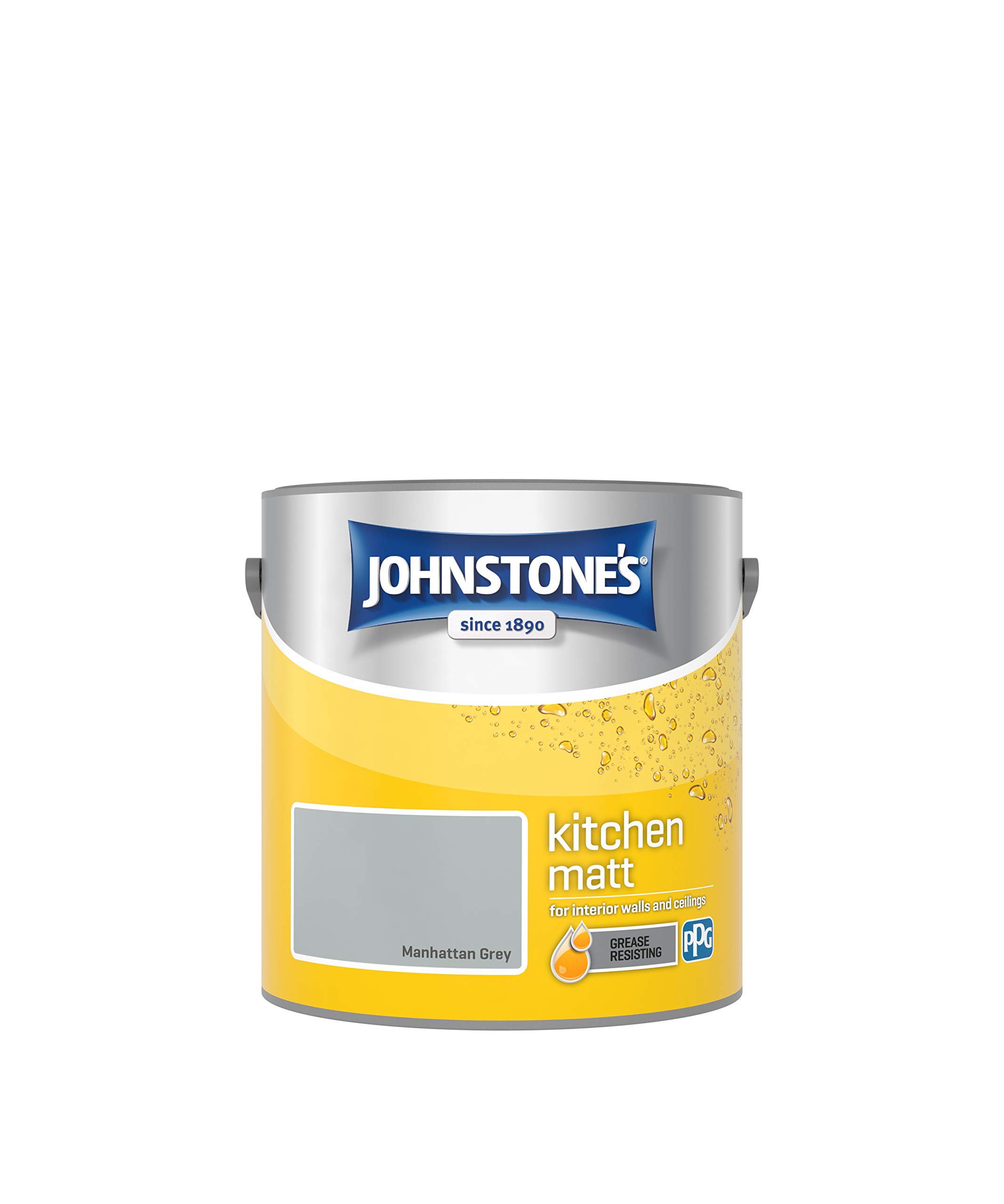 Johnstone's - Kitchen Paint - Manhattan Grey - Matt Finish - Grease & Stain Resistant - Suitable for Kitchen Walls & Ceilings - Highly Durable - Low Odour - 12m2 Coverage per Litre - 2.5L