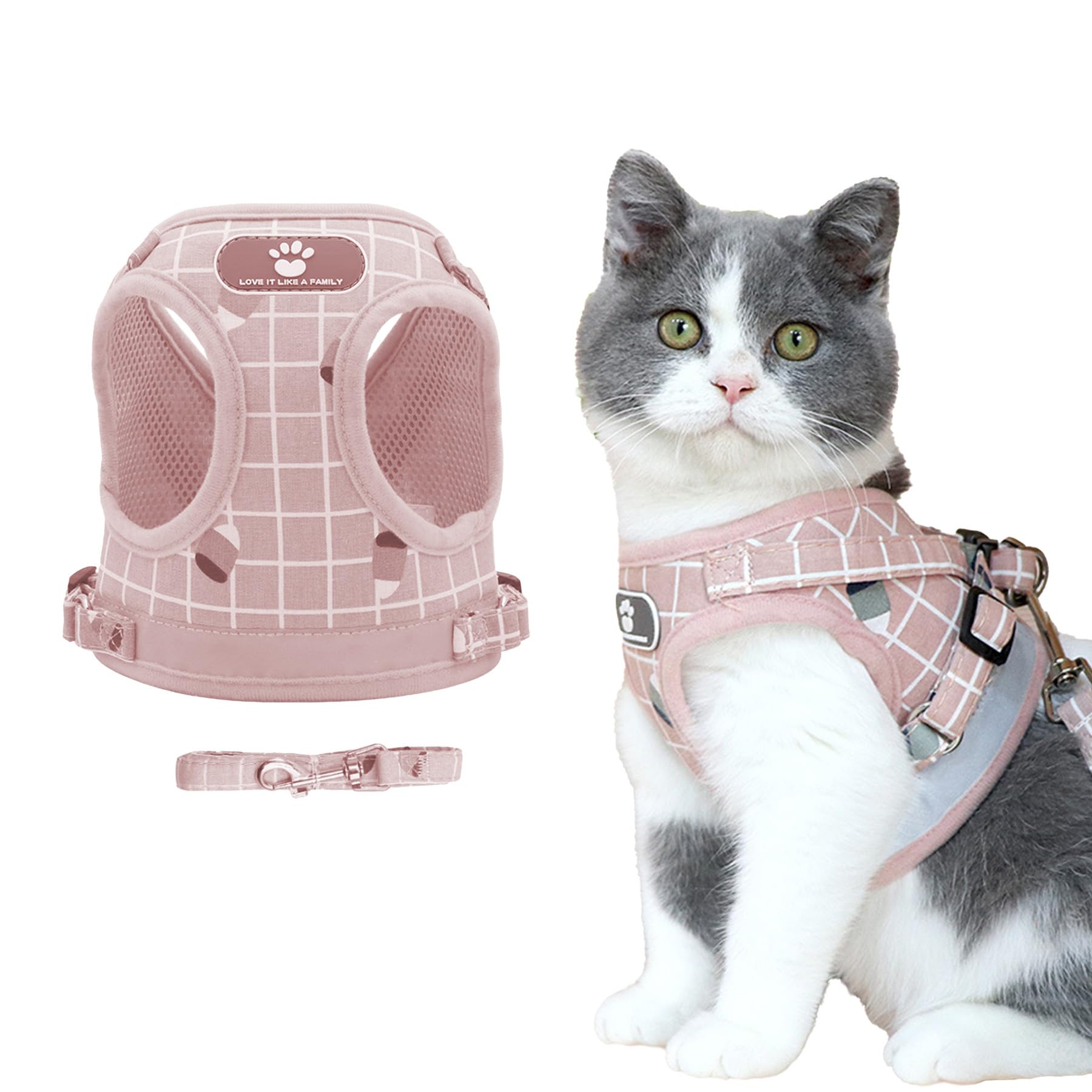 MAIGO Pink/Grey Tartan Adjustable Vest-style Reflective Pet Harness - Cat Harness, Cat Harness And Lead Set, Step In Dog Harness, Vest Harness for Puppy Kitten, Escape Proof Breathable Harness Set (P)