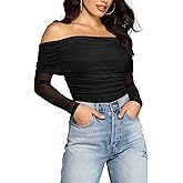 SAUNGKUAI Women's Off The Shoulder Long Sleeve Bodysuit Sexy Slimming Body Suit Tops Sheer Mesh Ruched Fall Outfits 2026