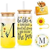 WINOWIMO Initial Glass Cups with Lids and Straws, Personalized Sunflower Gifts for Women, Iced Coffee Cup Glass Tumbler, Birthday Thank You Get Well Sunshine Gifts for Sisters Mom Her Women (M)