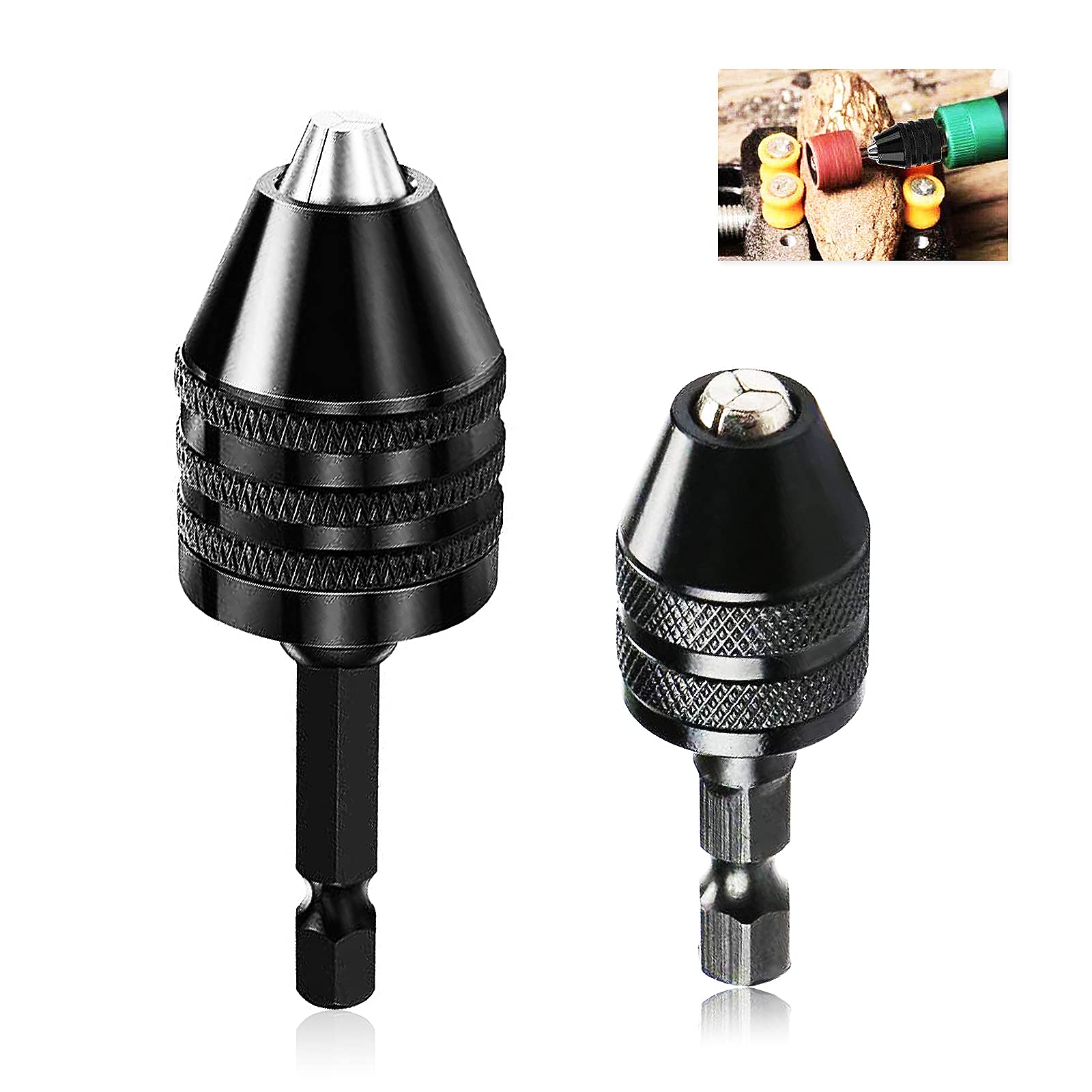 Keyless Drill Chuck Adapter 2 PCS Quick Change 1/4” Hex Drill Bits Chuck for Micro Drill Bit Extension Drill Chuck Adapter Conversion Tool Drill Accessories（0.3-3.6mm/0.6-8mm)