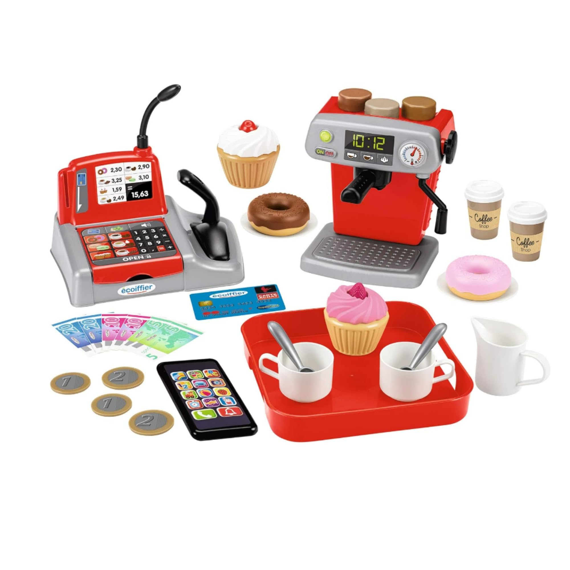 Ecoiffier Coffee Shop - Playset with Coffee Maker, Donuts, Coffee Service, Cashier, Play Money, Mini Smartphone, for Children from 18 Months