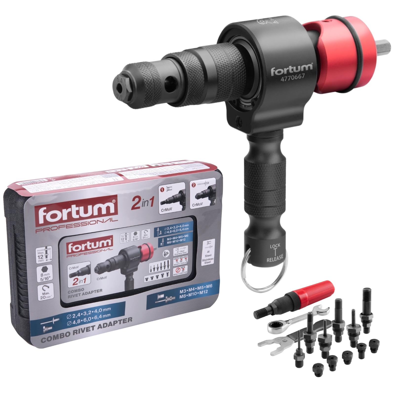 Fortum 2-in-1 Rivet Attachment for Cordless Screwdriver & Drill I Riveter for Aluminium, Steel & Stainless Steel Blind Rivets & Rivet Nuts I Blind Rivet Attachment for 2.4-6.4 mm Rivets + M3-M12 Nuts