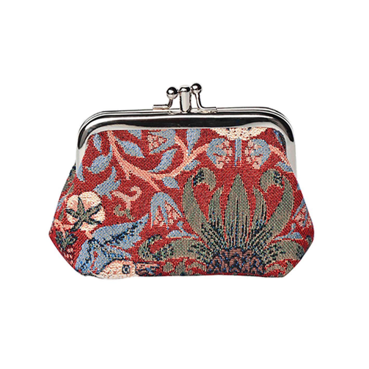 Signare Tapestry Cute Exquisite Double Pocket Kiss Lock Coin Purse for Women with William Morris Design (Strawberry Thief Red, FRMP-STRD)