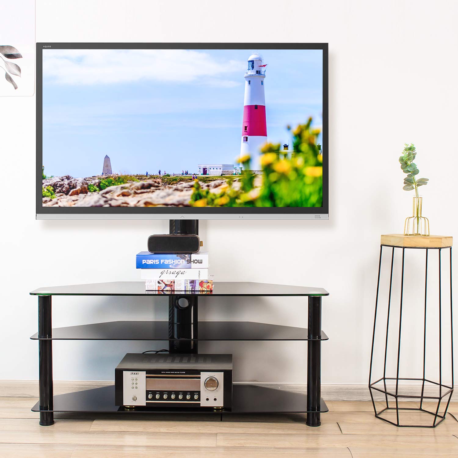 5Rcom Swivel Corner Floor TV Stand with Mount Bracket for 37 42 47 50 55 60 65 70 inch Plasma LCD LED Flat or Curved Screens TVs 3 Tier Tempered Glass Shelves for Media,Weight Capacity 110lbs