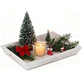 Hanobe Decorative Wooden Serving Tray: Rustic Wood Ottoman Trays for Coffee Table Rectangular Tray with Handles for Living Room Kitchen Home Decor, White