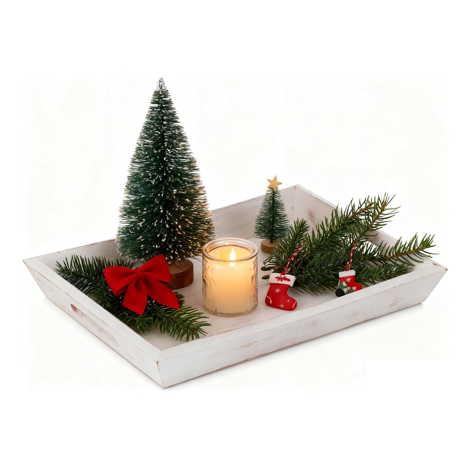 Hanobe Decorative Wooden Serving Tray: Rustic Wood Ottoman Trays for Coffee Table Rectangular Tray with Handles for Living Room Kitchen Home Decor, White, 15.75''/40cm