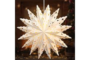 MUDDER 23.6 Inch Christmas Star Snowflake Paper Lantern with Light Timer Paper Lamp Party Supplies Hanging Decoration for Weddings Christmas Trees Birthday Holiday Party Celebration (Classic Style)