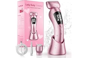 RATEGIST Electric Bikini Trimmer for Women: Rechargeable Painless Shaver for Body Hair - IPX7 Waterproof Cordless Razor with LED Display for Face/Leg Light Pink