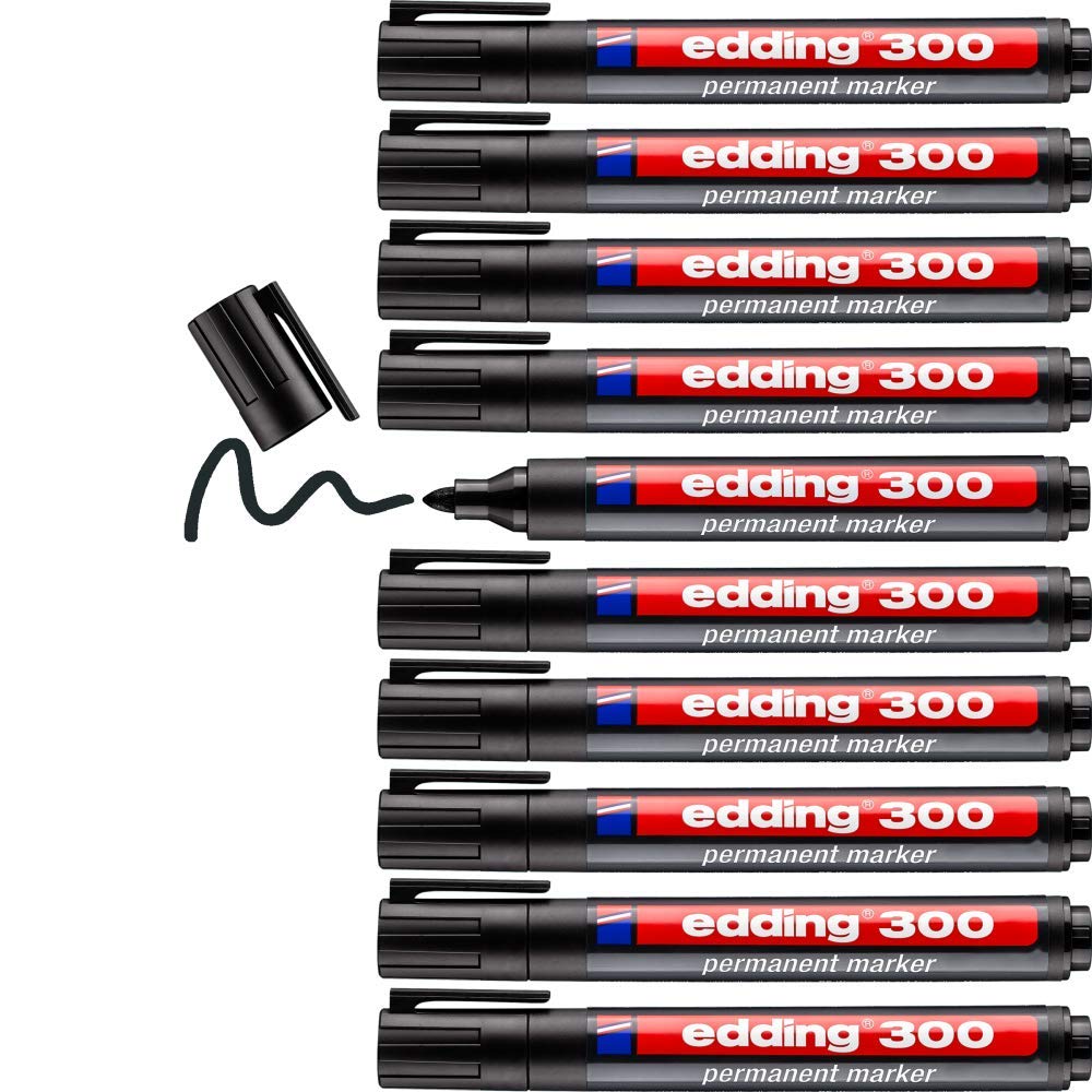 edding 300 permanent marker - black - 10 pens - round tip 1.5-3 mm - waterproof, quick-drying, smear-proof pens - for cardboard, plastic, glass, wood, metal and fabric
