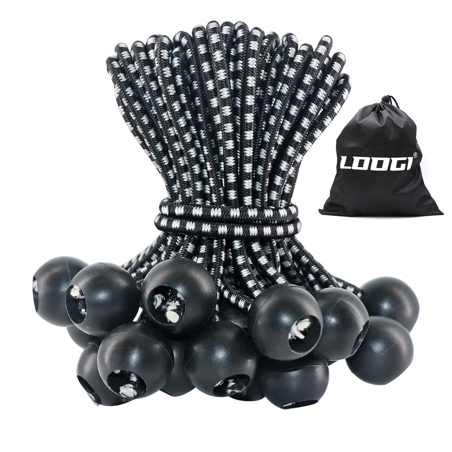 LOOGI Bungee Cord with Balls, 25Pcs 8 Inch Black Bungee Ball Cords, Heavy Duty Tarp Bungees Ties Elastic Tie Down Straps for Tarpaulin Tent Camping Pavilions Flag Marquee