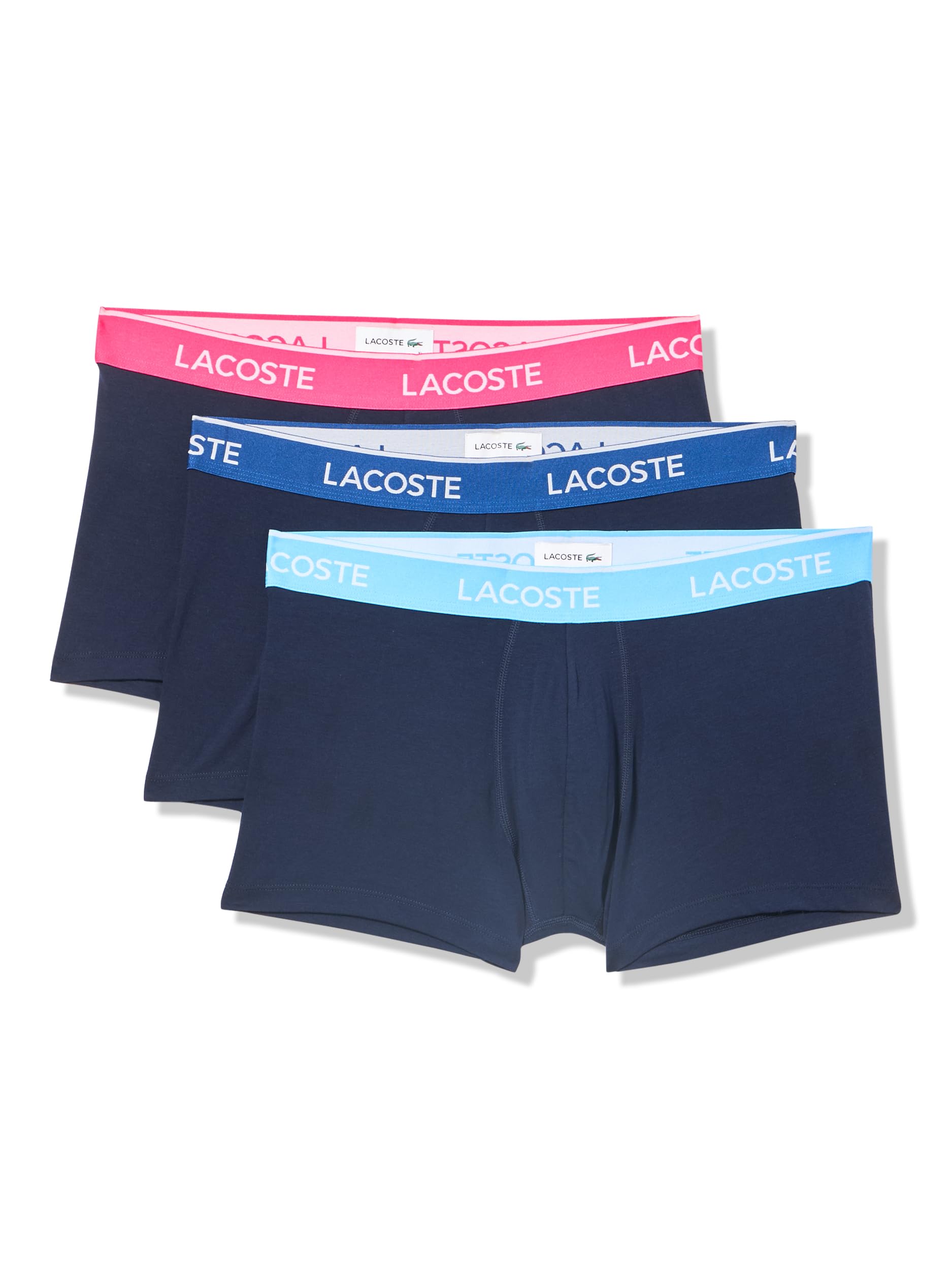 Lacoste Men's Cotton Stretch Essentials Trunks, 3-Pack, Navy Blue/Blue/Pink, Large Image